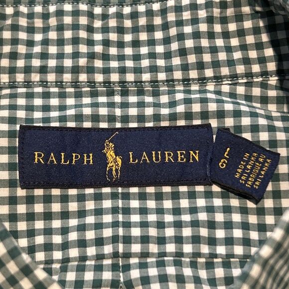 Ralph Lauren Button Down Shirt. Large. Green Gingham. Long Sleeve. Logo. Cotton - Picture 4 of 12